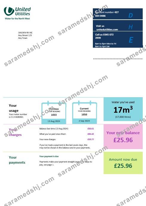 United Kingdom United Utilities business utility bill Word and PDF template